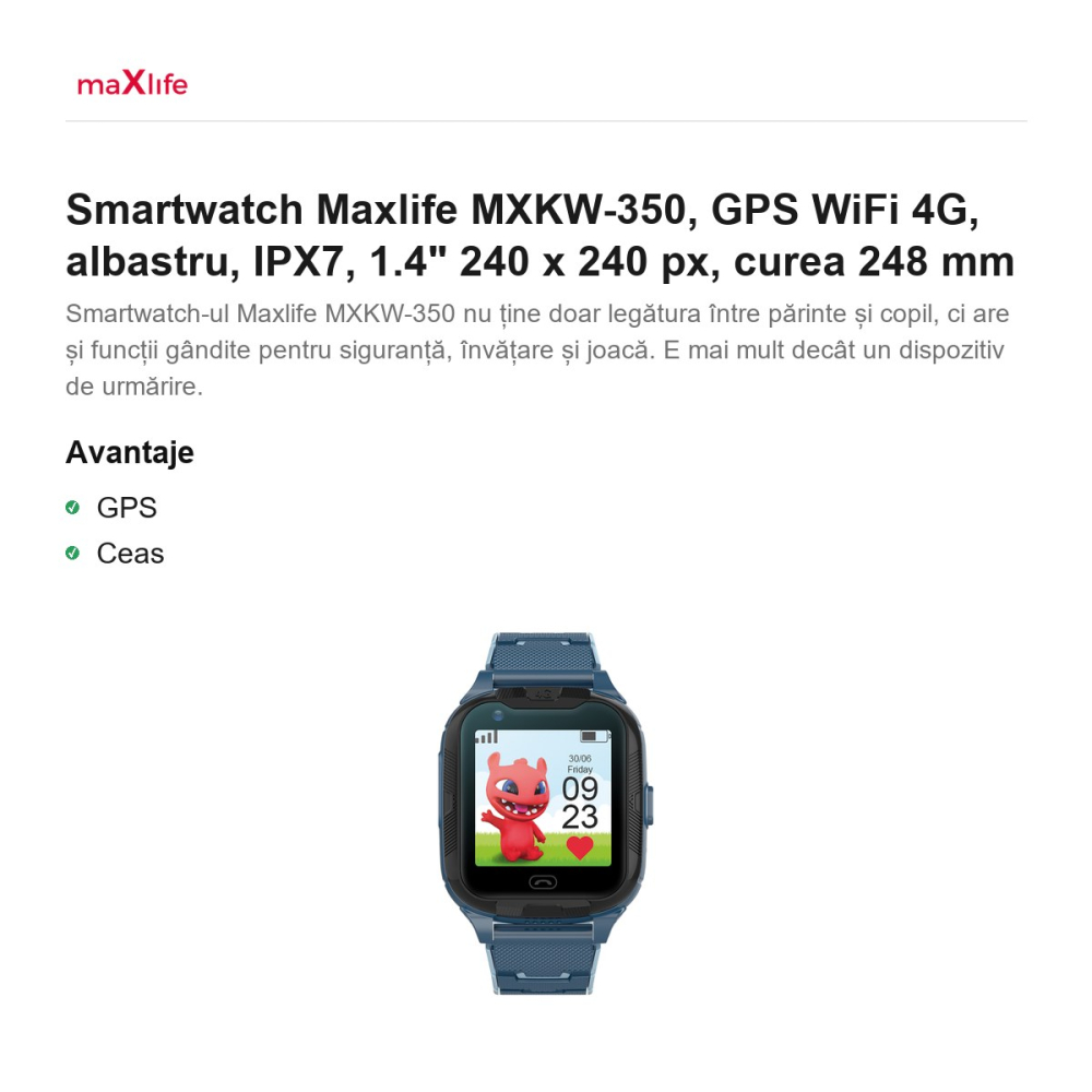 Smartwatch Maxlife MXKW-350, GPS WiFi 4G, albastru, IPX7, 1.4" 240 x 240 px, curea 248 mm [2]