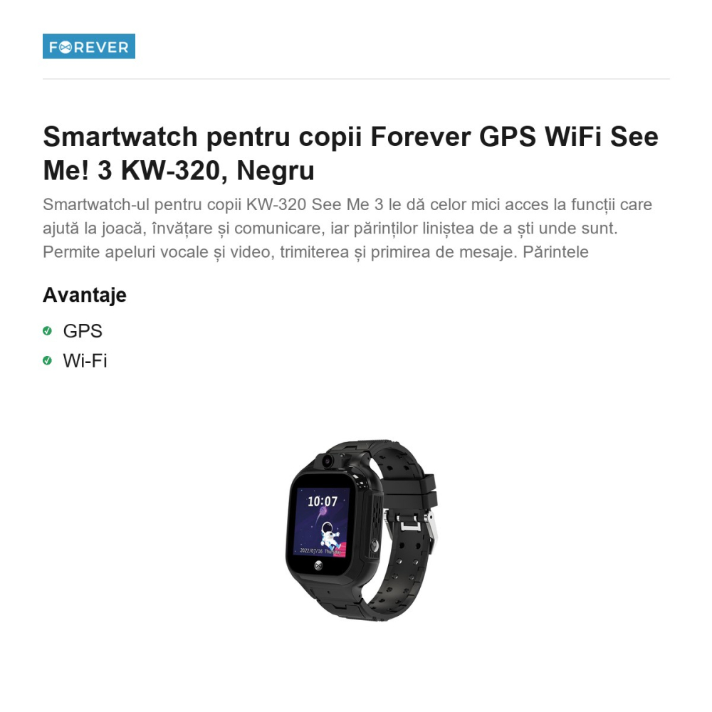 Smartwatch pentru copii Forever GPS WiFi See Me! 3 KW-320, Negru [2]