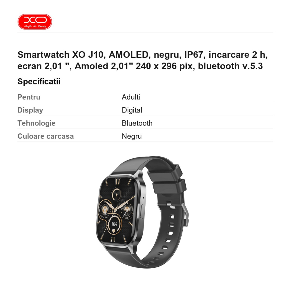 Smartwatch XO J10, AMOLED, negru, IP67, incarcare 2 h, ecran 2,01 ", Amoled 2,01" 240 x 296 pix, bluetooth v.5.3 [3]