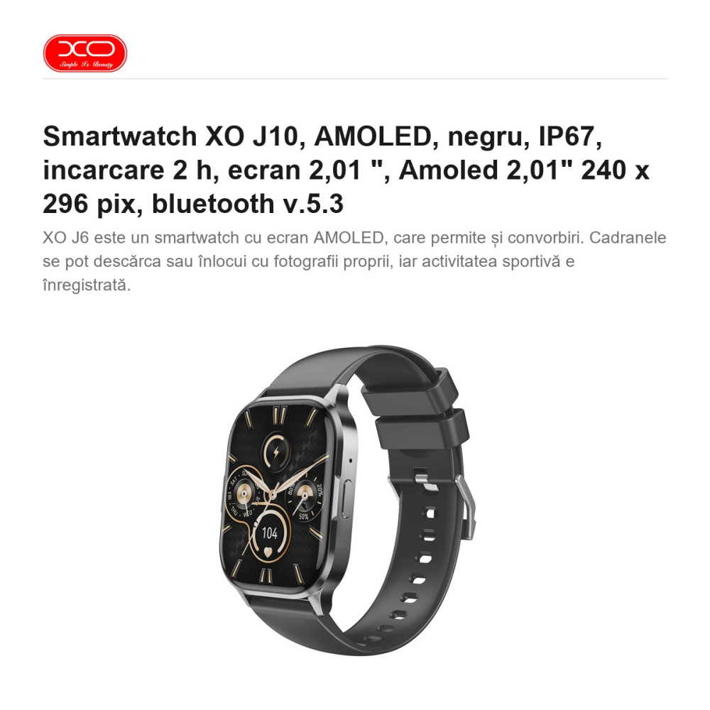 Smartwatch XO J10, AMOLED, negru, IP67, incarcare 2 h, ecran 2,01 ", Amoled 2,01" 240 x 296 pix, bluetooth v.5.3 [2]