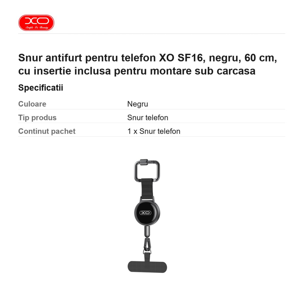 Snur antifurt pentru telefon XO SF16, negru, 60 cm, cu insertie inclusa pentru montare sub carcasa [3]