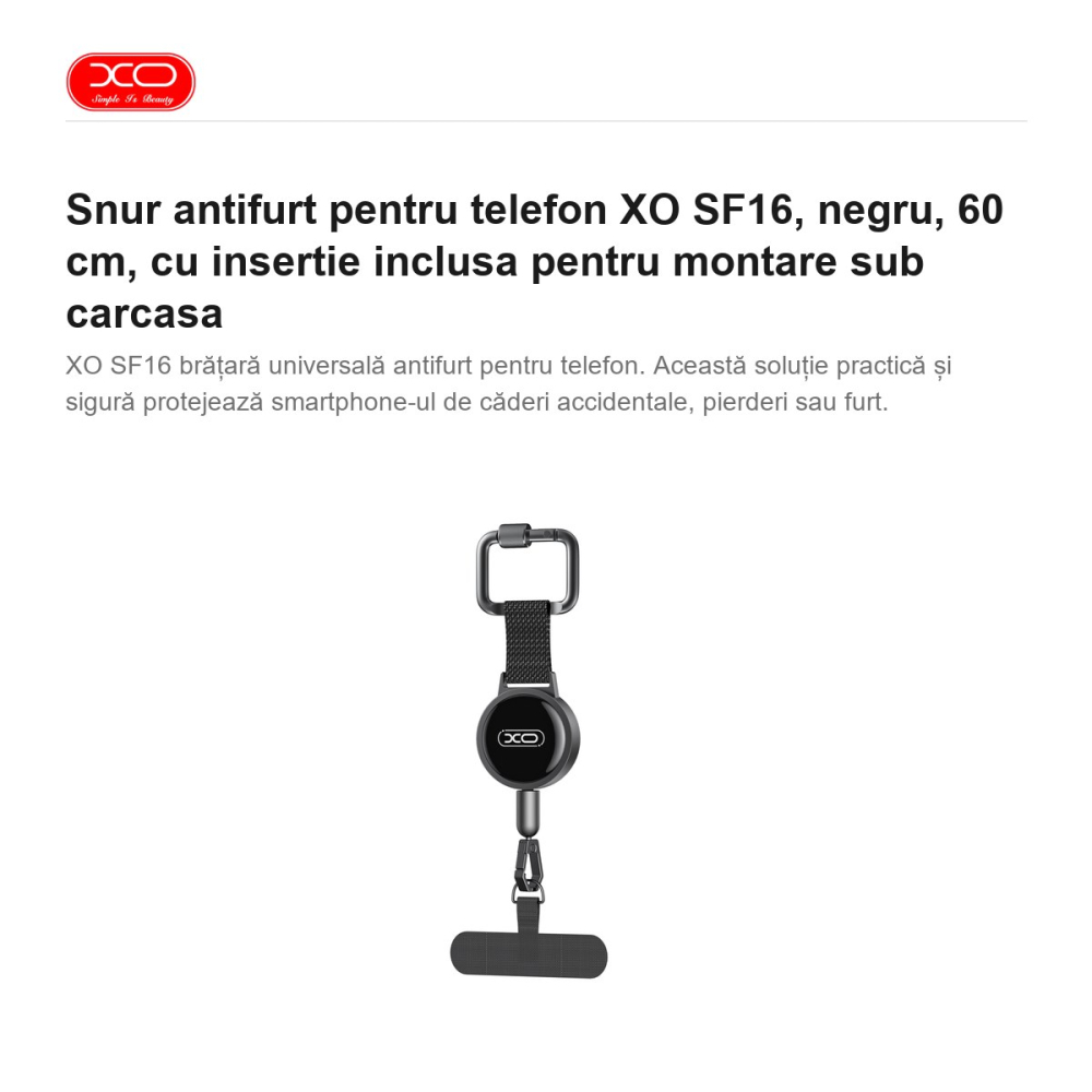 Snur antifurt pentru telefon XO SF16, negru, 60 cm, cu insertie inclusa pentru montare sub carcasa [2]