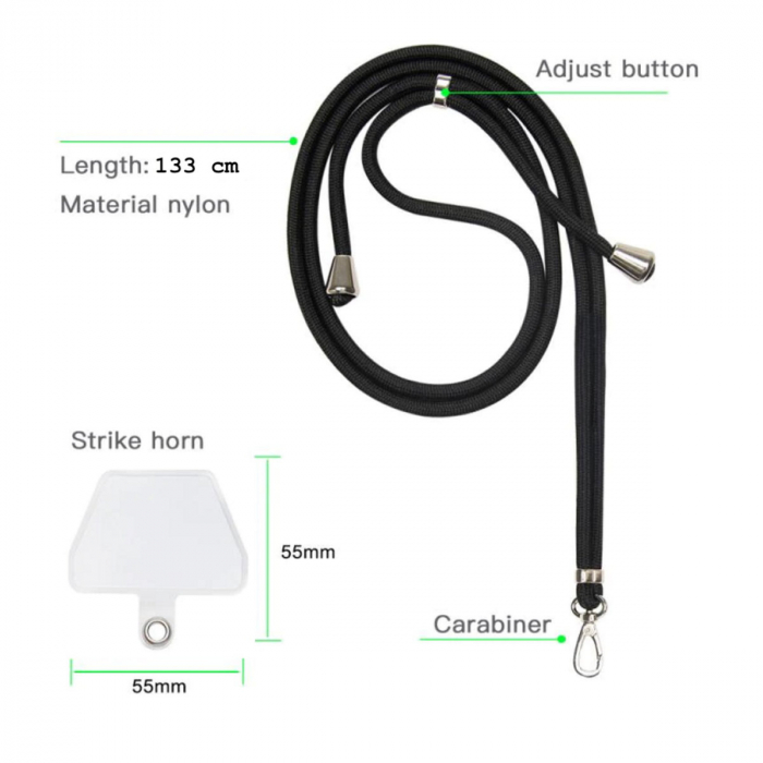 Snur universal de prindere telefon, Neck Strap 92822, lungime 133 cm, reglabila, cu carabina metalica, negru [3]