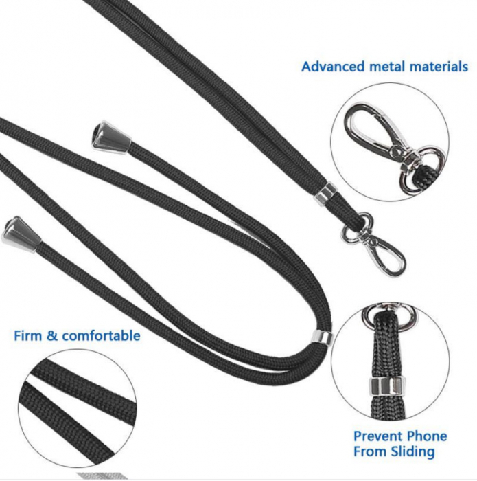 Snur universal de prindere telefon, Neck Strap 92822, lungime 133 cm, reglabila, cu carabina metalica, negru [9]