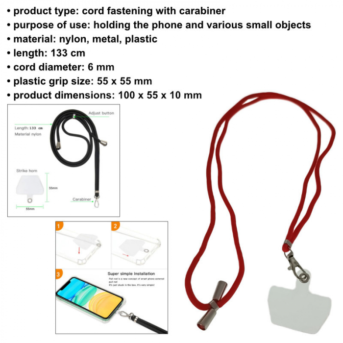 Snur universal de prindere telefon, Neck Strap 92823, lungime 133 cm, reglabil, cu carabina metalica, rosu [6]