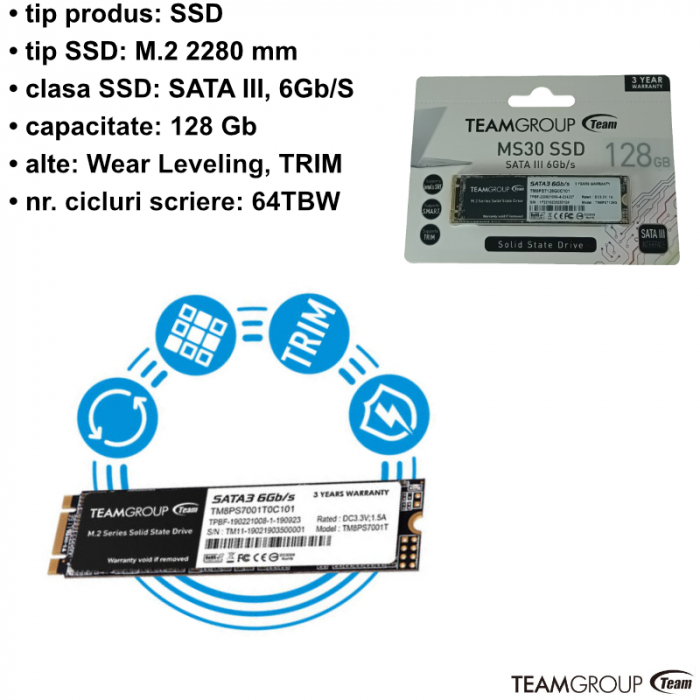 Solid State Drive (SSD) Teamgroup MS30 04095, M.2 2280, SATA III, 128Gb [4]
