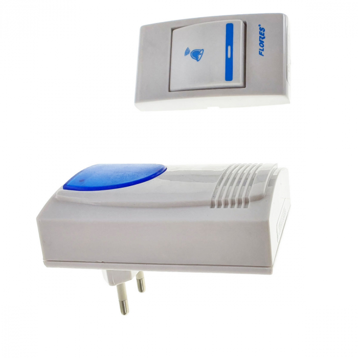 Sonerie cu buton Wireless conectare la priza electrica, Flores FE-40794, si receptor, 32 melodii, raza actiune 100 metri, sistem anti-interferenta, alba cu albastru [2]
