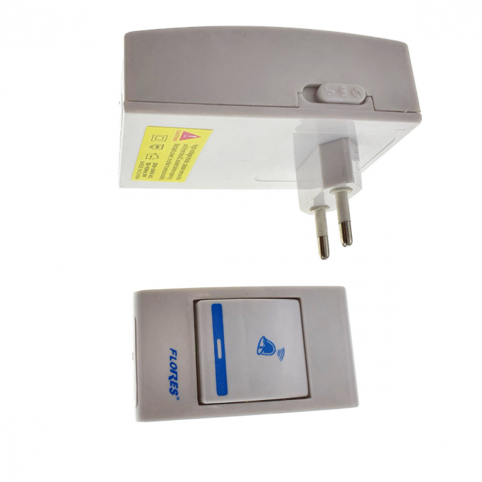 Sonerie cu buton Wireless conectare la priza, Flores FE-40796, receptor, 32 melodii, raza actiune 100 metri, sistem anti-interferenta, alba cu albastru [4]