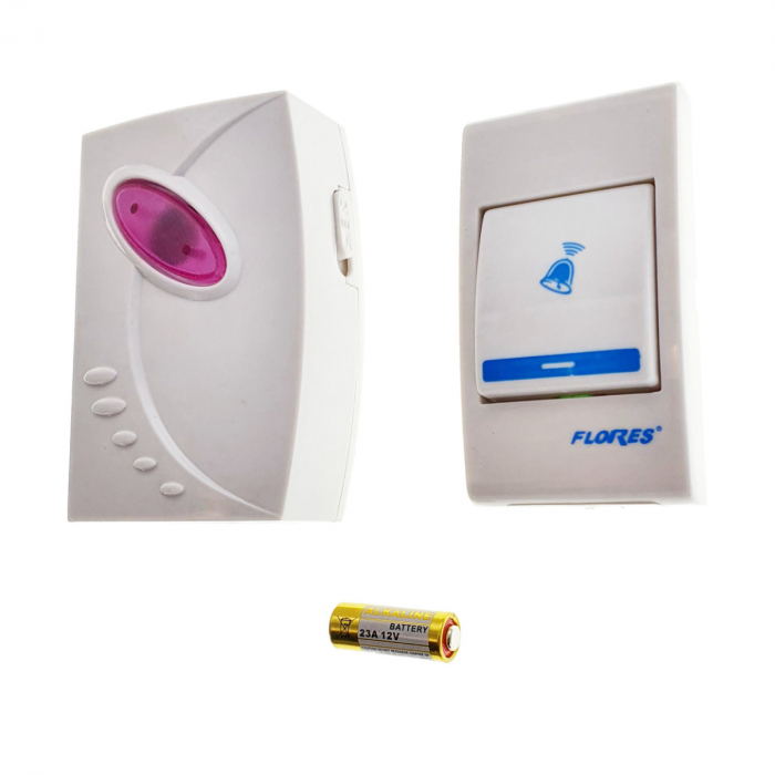 Sonerie cu buton Wireless cu baterii, Flores FE-40793, un receptor, 32 melodii, raza actiune 100 metri, sistem anti-interferenta, alba cu roz [3]