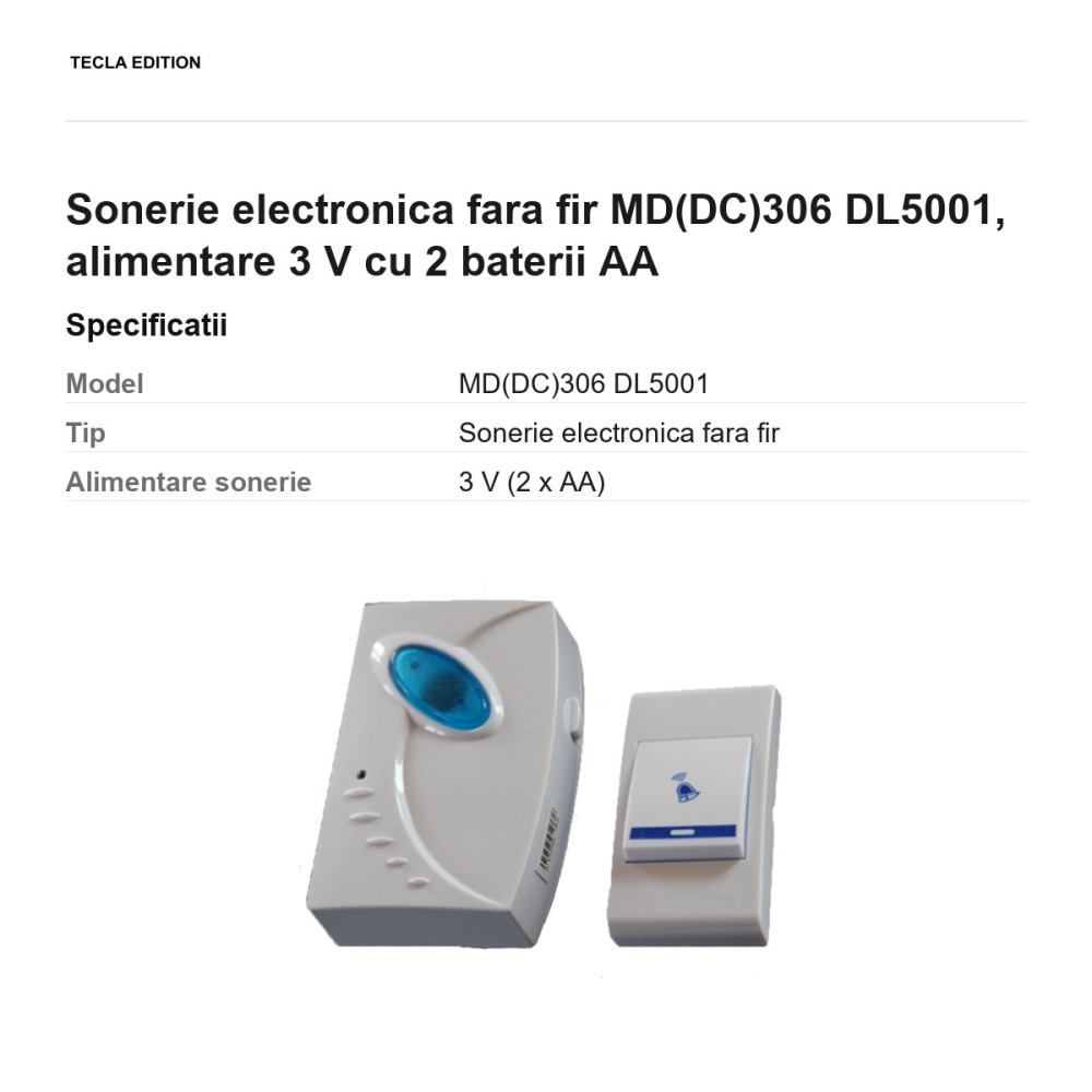 Sonerie electronica fara fir MD(DC)306 DL5001, alimentare 3 V cu 2 baterii AA [3]