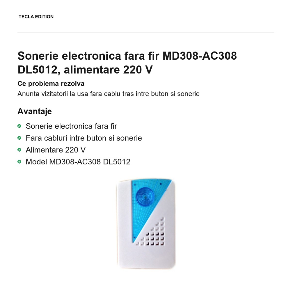 Sonerie electronica fara fir MD308-AC308 DL5012, alimentare 220 V [2]
