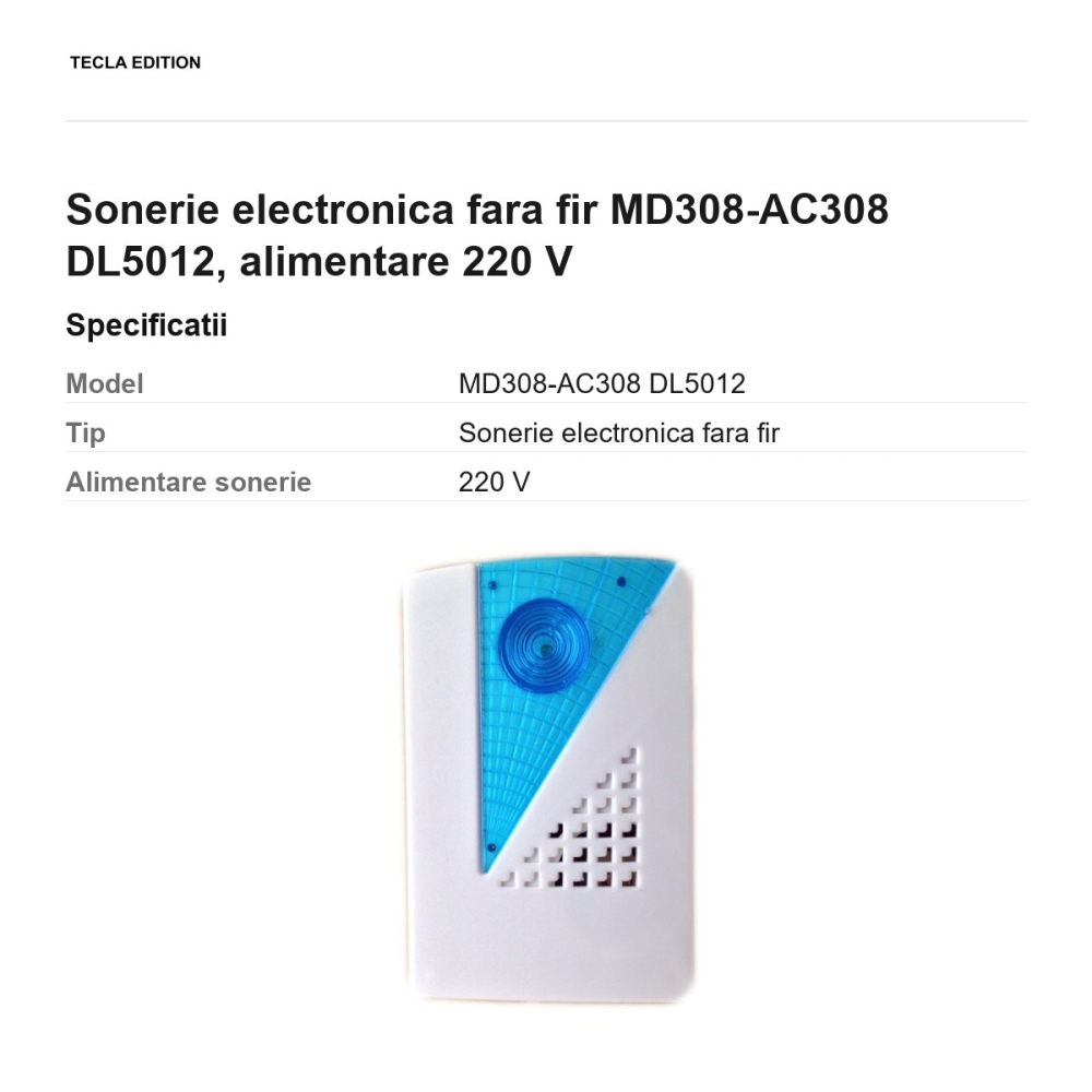 Sonerie electronica fara fir MD308-AC308 DL5012, alimentare 220 V [3]
