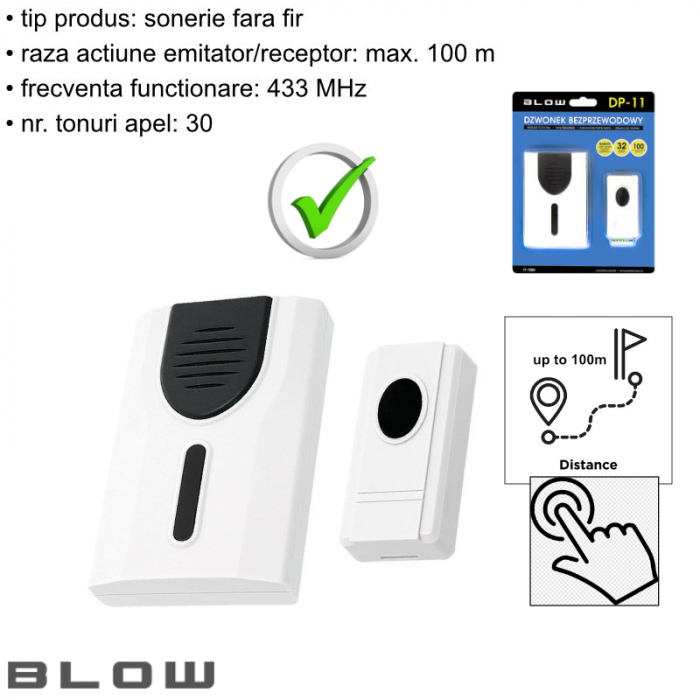 Sonerie fara fir-wireless, Blow DP-11 05461, 100m raza actiune, 30 tonuri, 1 x LED, 3 x AA, 1 x CR2032, alba [7]
