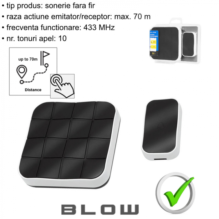Sonerie fara fir-wireless, Blow DR-11 07894, 70m raza actiune, 10 tonuri, 2 x LED, 433MHz, 3 x AA, 1 x CR2032, neagra [7]