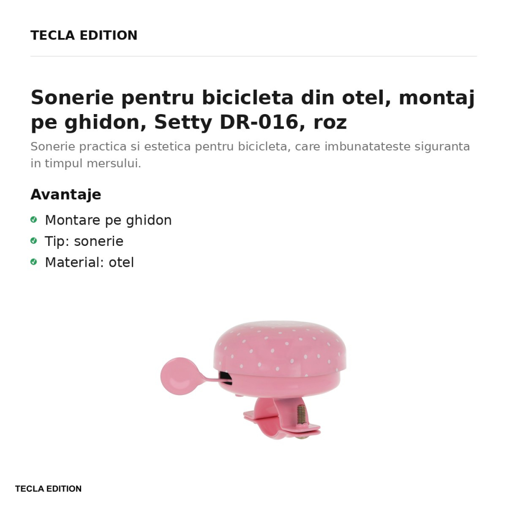 Sonerie pentru bicicleta din otel, montaj pe ghidon, Setty DR-016, roz [2]