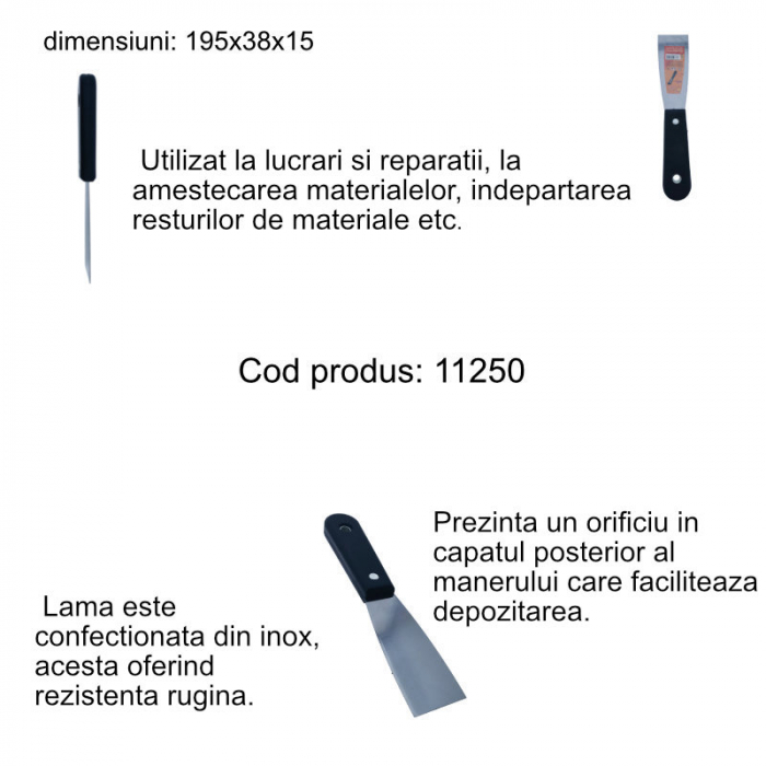 Spaclu inox cu maner din plastic, dimensiuni 195 x 38 x 15 mm, negru cu argintiu [5]
