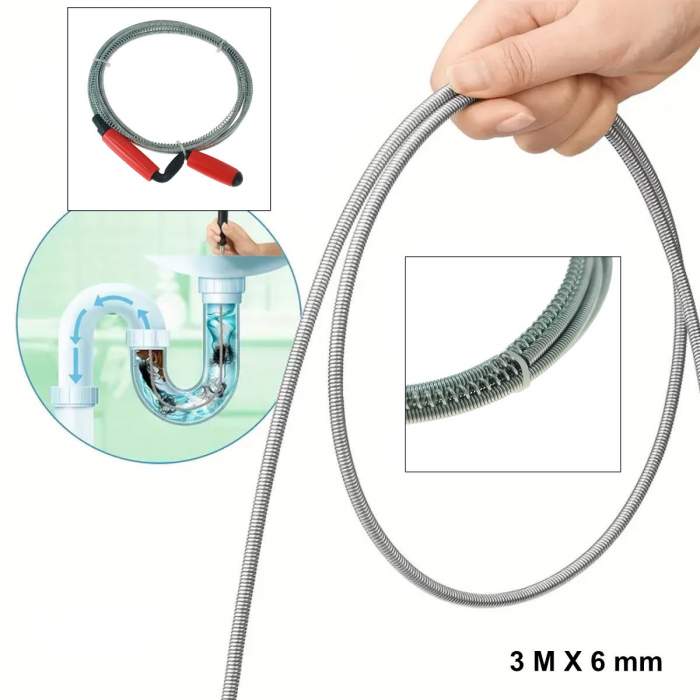 Spirala metalica cu maner pentru desfundat tevi, tip sarpe, 3M x 6mm, argintiu cu rosu [3]