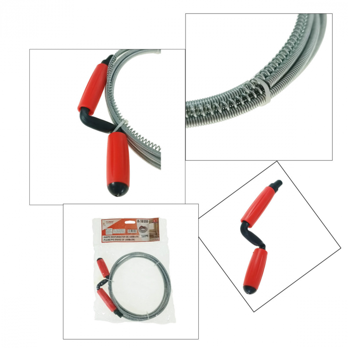 Spirala metalica cu maner pentru desfundat tevi, tip sarpe, 3M x 6mm, argintiu cu rosu [5]