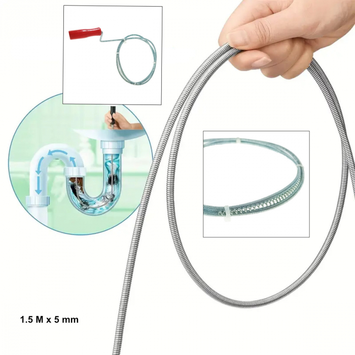 Spirala metalica cu maner pentru desfundat tevi, tip sarpe, Top Tools 34D301, 1.5M x 5mm, argintiu cu rosu [3]