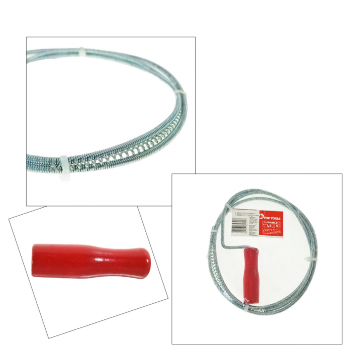 Spirala metalica cu maner pentru desfundat tevi, tip sarpe, Top Tools 34D301, 1.5M x 5mm, argintiu cu rosu [5]