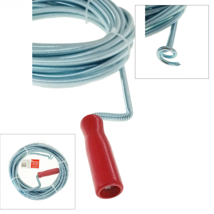 Spirala metalica cu maner pentru desfundat tevi, tip sarpe, Top Tools 34D308, 8M x 10mm, argintiu cu rosu [5]