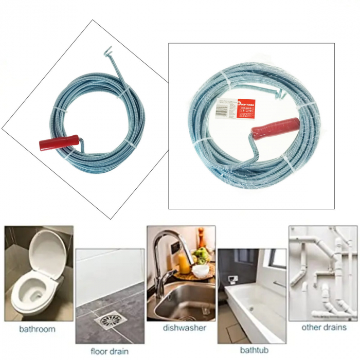 Spirala metalica cu maner pentru desfundat tevi, tip sarpe, Top Tools 34D308, 8M x 10mm, argintiu cu rosu [4]