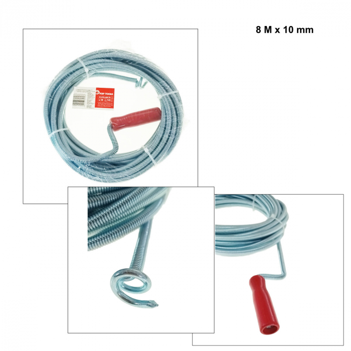 Spirala metalica cu maner pentru desfundat tevi, tip sarpe, Top Tools 34D308, 8M x 10mm, argintiu cu rosu [3]