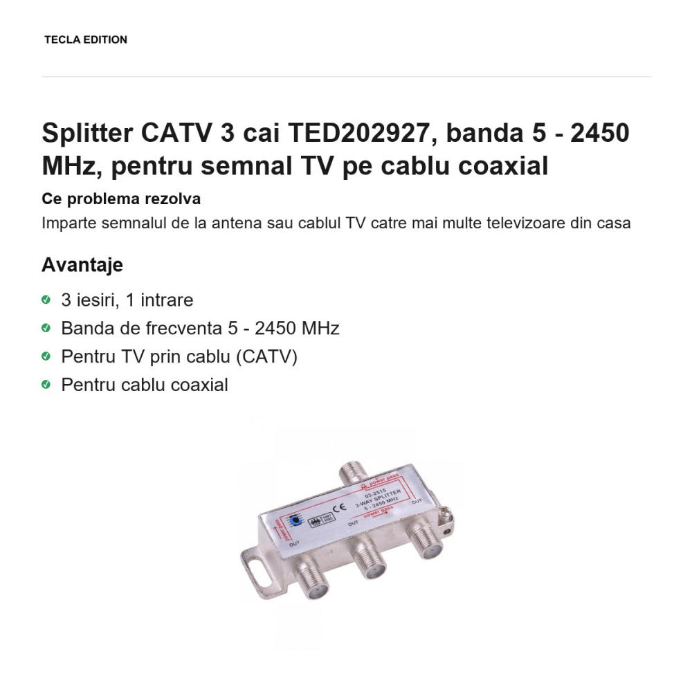 Splitter CATV 3 cai TED202927, banda 5 - 2450 MHz, pentru semnal TV pe cablu coaxial [2]