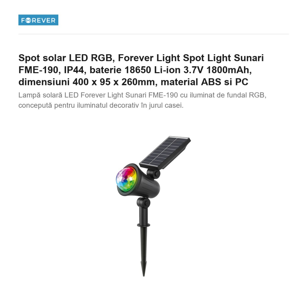 Spot solar LED RGB, Forever Light Spot Light Sunari FME-190, IP44, baterie 18650 Li-ion 3.7V 1800mAh, dimensiuni 400 x 95 x 260mm, material ABS si PC [2]