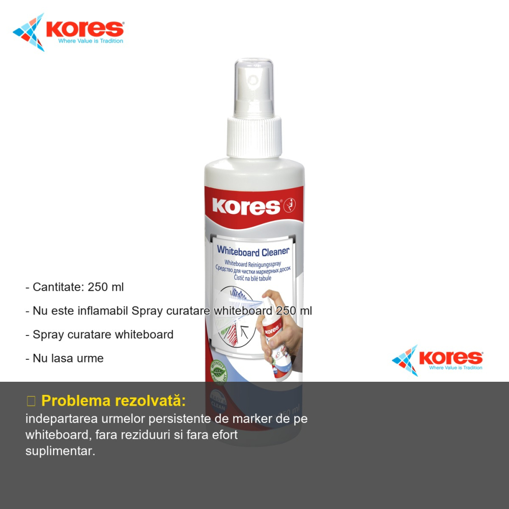 Spray curatare whiteboard Kores, 250 ml, pe baza de solvent, fara urme, aroma de lamaie [2]