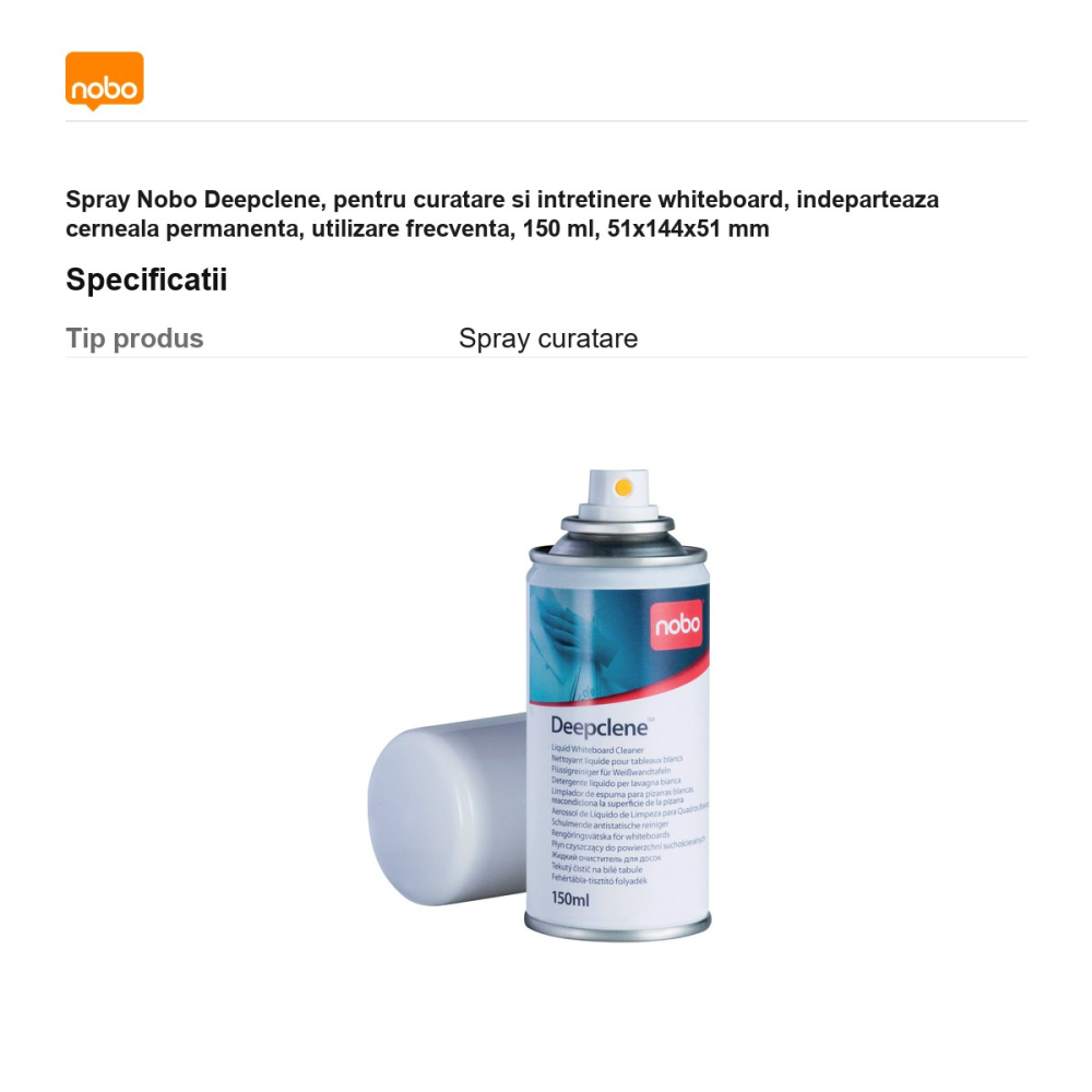 Spray Nobo Deepclene, pentru curatare si intretinere whiteboard, indeparteaza cerneala permanenta, utilizare frecventa, 150 ml, 51x144x51 mm [3]