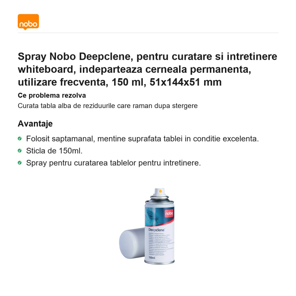 Spray Nobo Deepclene, pentru curatare si intretinere whiteboard, indeparteaza cerneala permanenta, utilizare frecventa, 150 ml, 51x144x51 mm [2]