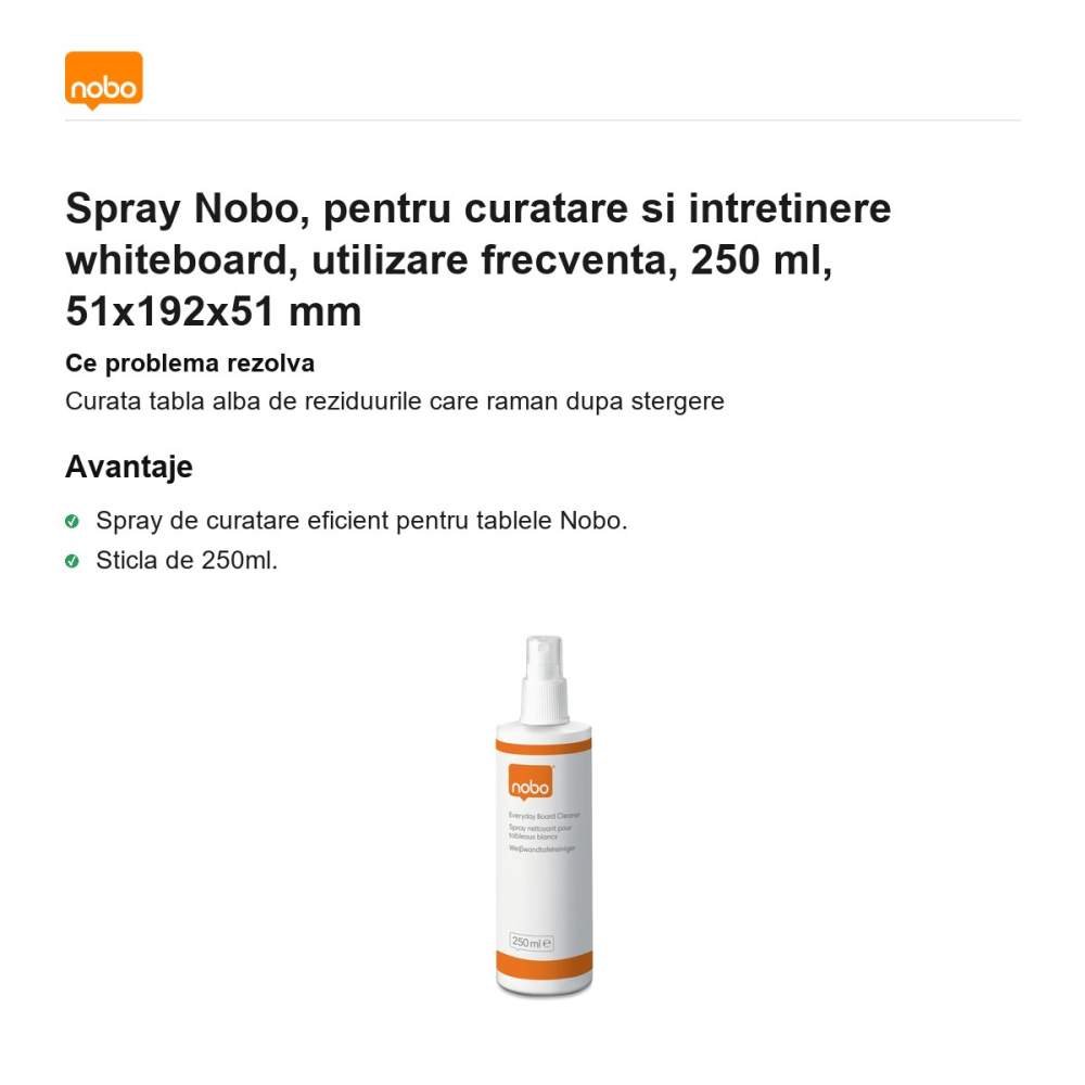 Spray Nobo, pentru curatare si intretinere whiteboard, utilizare frecventa, 250 ml, 51x192x51 mm [2]
