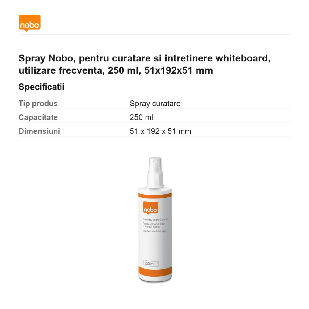 Spray Nobo, pentru curatare si intretinere whiteboard, utilizare frecventa, 250 ml, 51x192x51 mm [3]