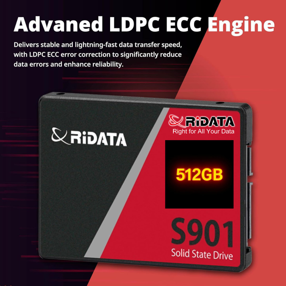 SSD 2.5 SATA 512GB RIDATA S901, Viteza Maxima 550 MB/s, pentru Gaming, Workstation, Backup, cu Tehnologie Avansata LDPC ECC [3]