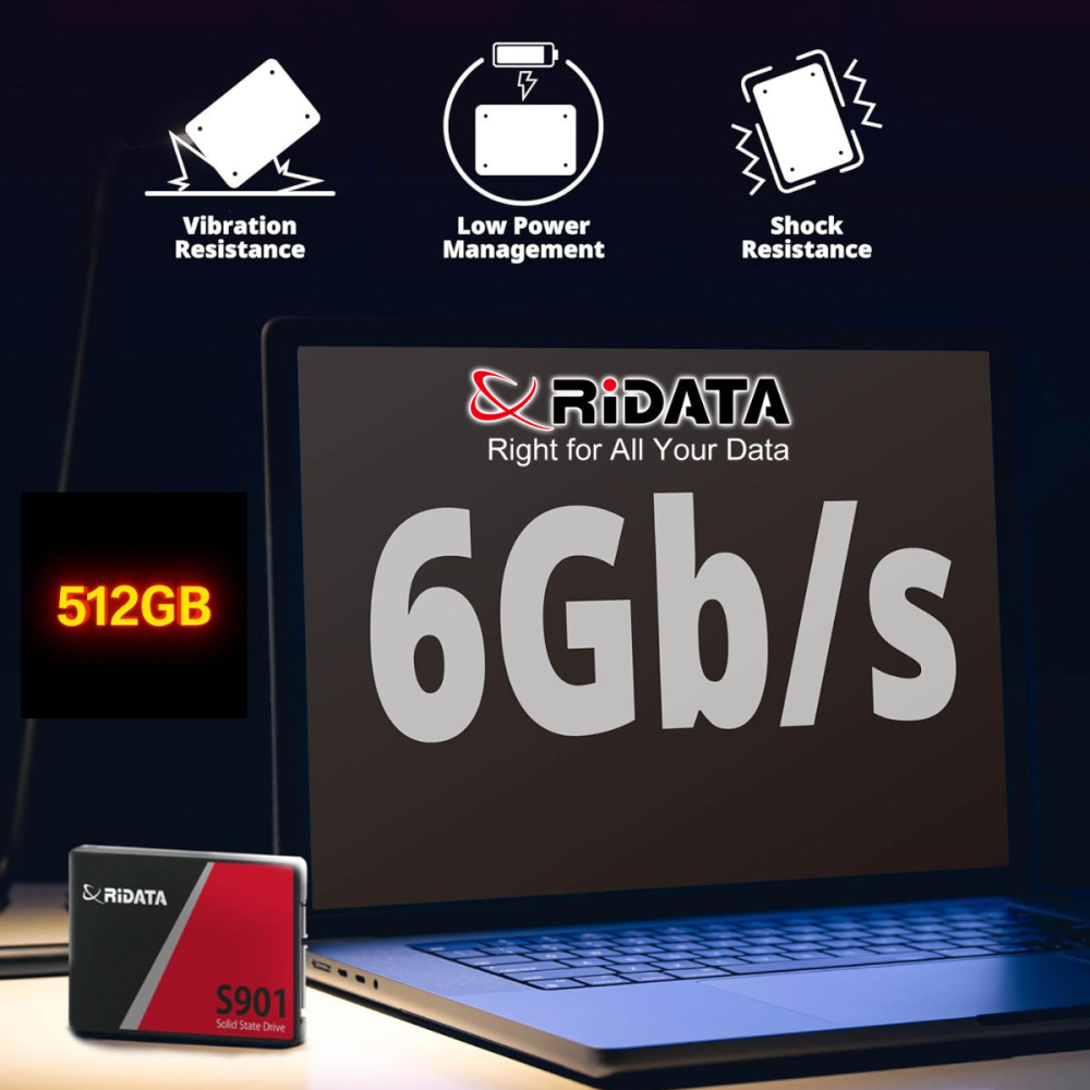 SSD 2.5 SATA 512GB RIDATA S901, Viteza Maxima 550 MB/s, pentru Gaming, Workstation, Backup, cu Tehnologie Avansata LDPC ECC [5]