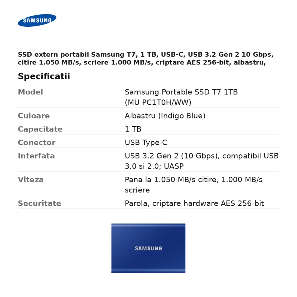 SSD extern portabil Samsung T7, 1 TB, USB-C, USB 3.2 Gen 2 10 Gbps, citire 1.050 MB/s, scriere 1.000 MB/s, criptare AES 256-bit, albastru, MU-PC1T0H/WW [3]
