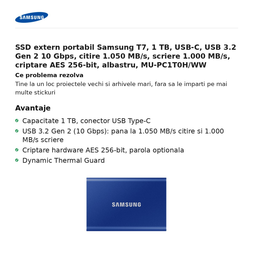 SSD extern portabil Samsung T7, 1 TB, USB-C, USB 3.2 Gen 2 10 Gbps, citire 1.050 MB/s, scriere 1.000 MB/s, criptare AES 256-bit, albastru, MU-PC1T0H/WW [2]