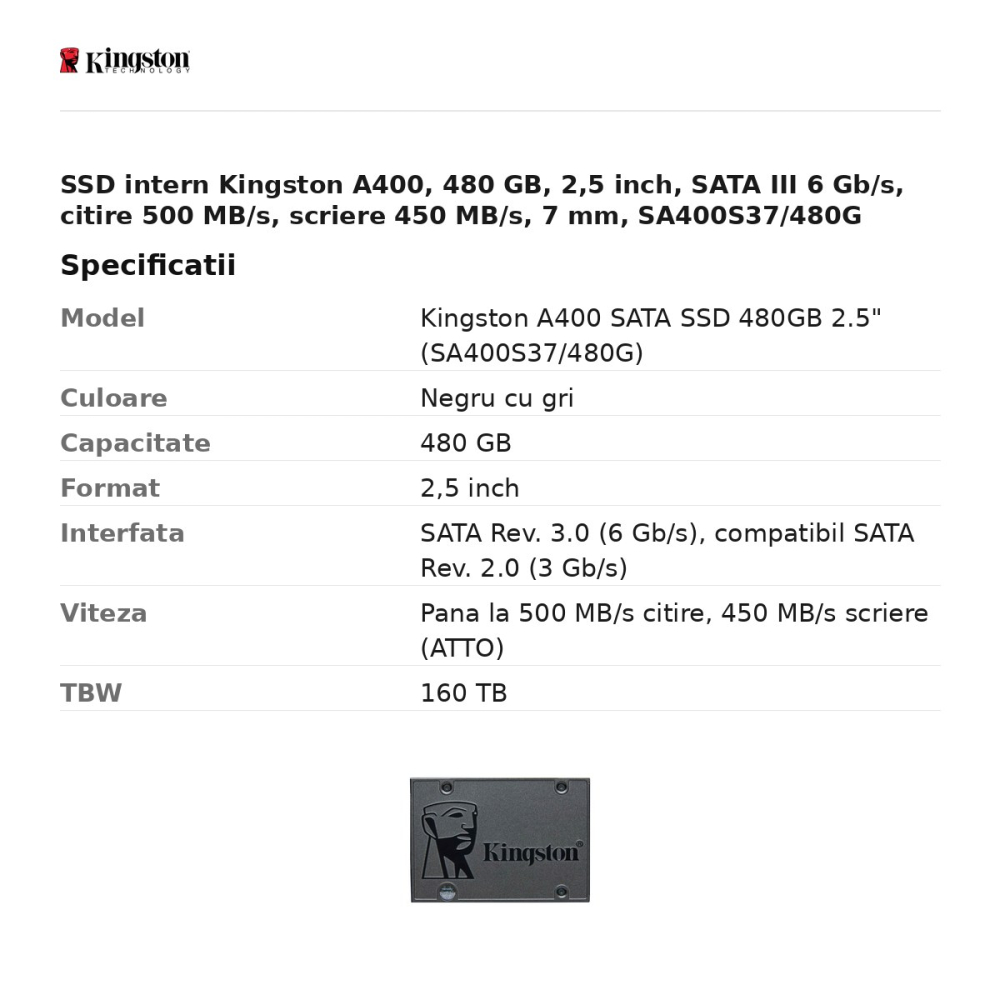 SSD intern Kingston A400, 480 GB, 2,5 inch, SATA III 6 Gb/s, citire 500 MB/s, scriere 450 MB/s, 7 mm, SA400S37/480G [3]