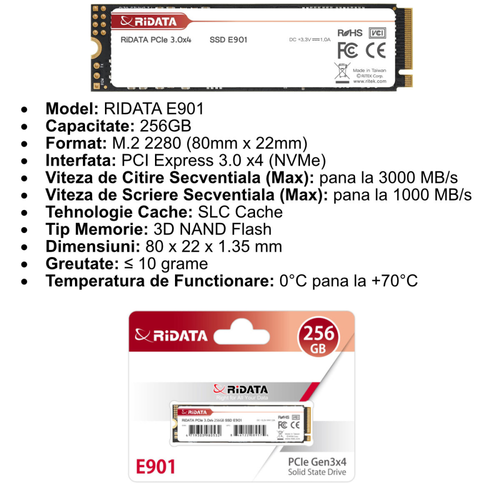 SSD M.2 NVMe 256GB RIDATA E901, PCIe Gen3 x4, Viteza citire 3000 MB/s, pentru Sistem de Operare, Gaming, Laptop, cu SLC Cache si 3D NAND [5]