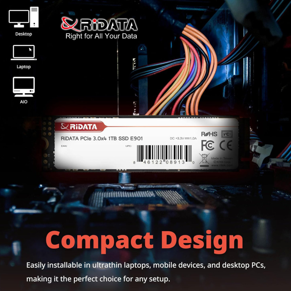 SSD PCIe M.2 NVMe RIDATA E901, 1 TB, Viteza Citire 3400 MB/s, Scriere 3000 MB/s, Performanta Maxima, SLC Cache [3]