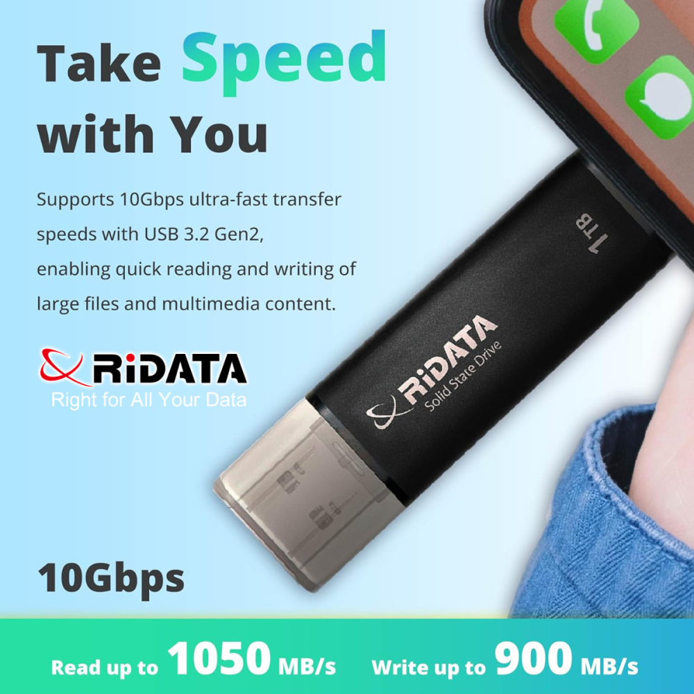 SSD Portabil 1TB RIDATA UV903, USB 3.2 Gen2, Viteza 1050 MB/s, pentru Backup, Gaming, Fotografie, cu Interfata Duala USB-C/USB-A [3]
