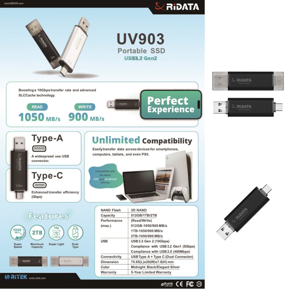 SSD Portabil Extern 512GB Viteza 1050 MB/s Dual USB-C si USB-A, RiDATA UV903, pentru Backup si Transfer Rapid, Negru [4]