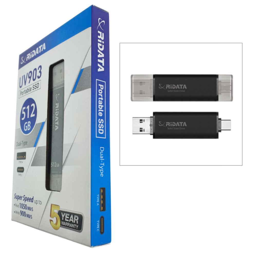 SSD Portabil Extern 512GB Viteza 1050 MB/s Dual USB-C si USB-A, RiDATA UV903, pentru Backup si Transfer Rapid, Negru [2]