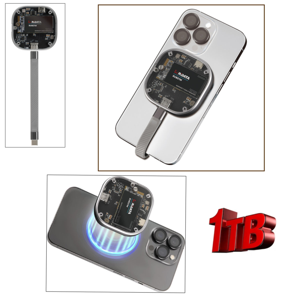 SSD Portabil Extern RiDATA RV801M 1 TB, Viteza Mare 1050 MB/s, Compatibil MagSafe pentru Filmari ProRes 4K pe iPhone, Carcasa Metalica cu Capac Transparent [2]