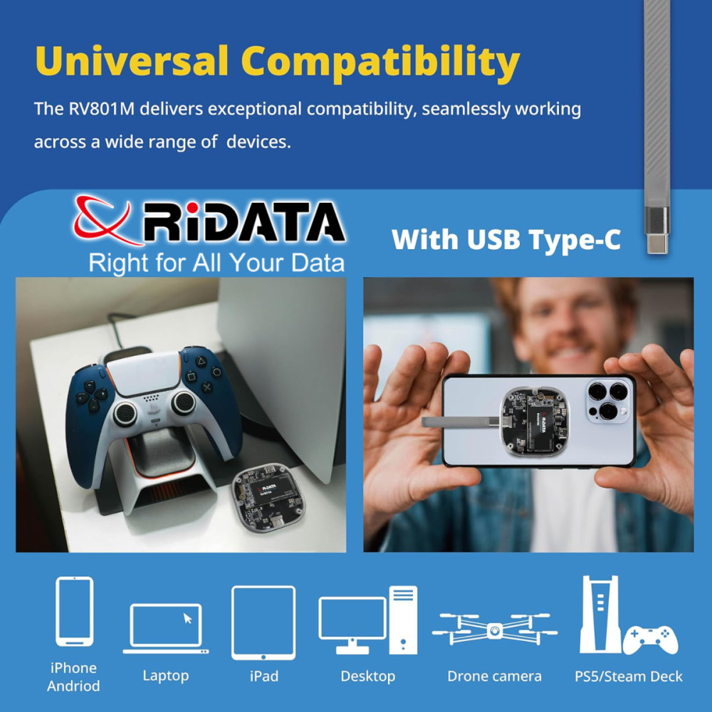 SSD Portabil Extern RiDATA RV801M 512 GB, Viteza Mare 1050 MB/s, Compatibil MagSafe si iPhone pentru Filmari ProRes, Carcasa Metalica cu Capac Transparent [7]