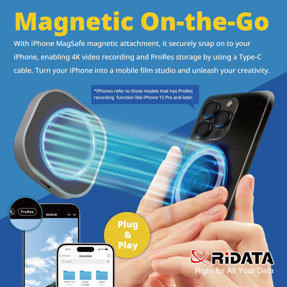 SSD Portabil Extern RiDATA RV801M 512 GB, Viteza Mare 1050 MB/s, Compatibil MagSafe si iPhone pentru Filmari ProRes, Carcasa Metalica cu Capac Transparent [8]
