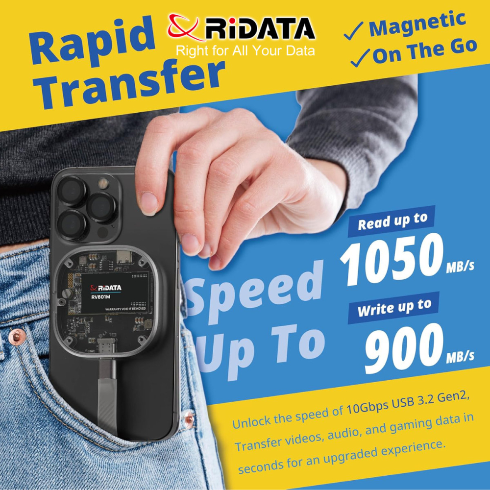 SSD Portabil Extern RiDATA RV801M 512 GB, Viteza Mare 1050 MB/s, Compatibil MagSafe si iPhone pentru Filmari ProRes, Carcasa Metalica cu Capac Transparent [6]