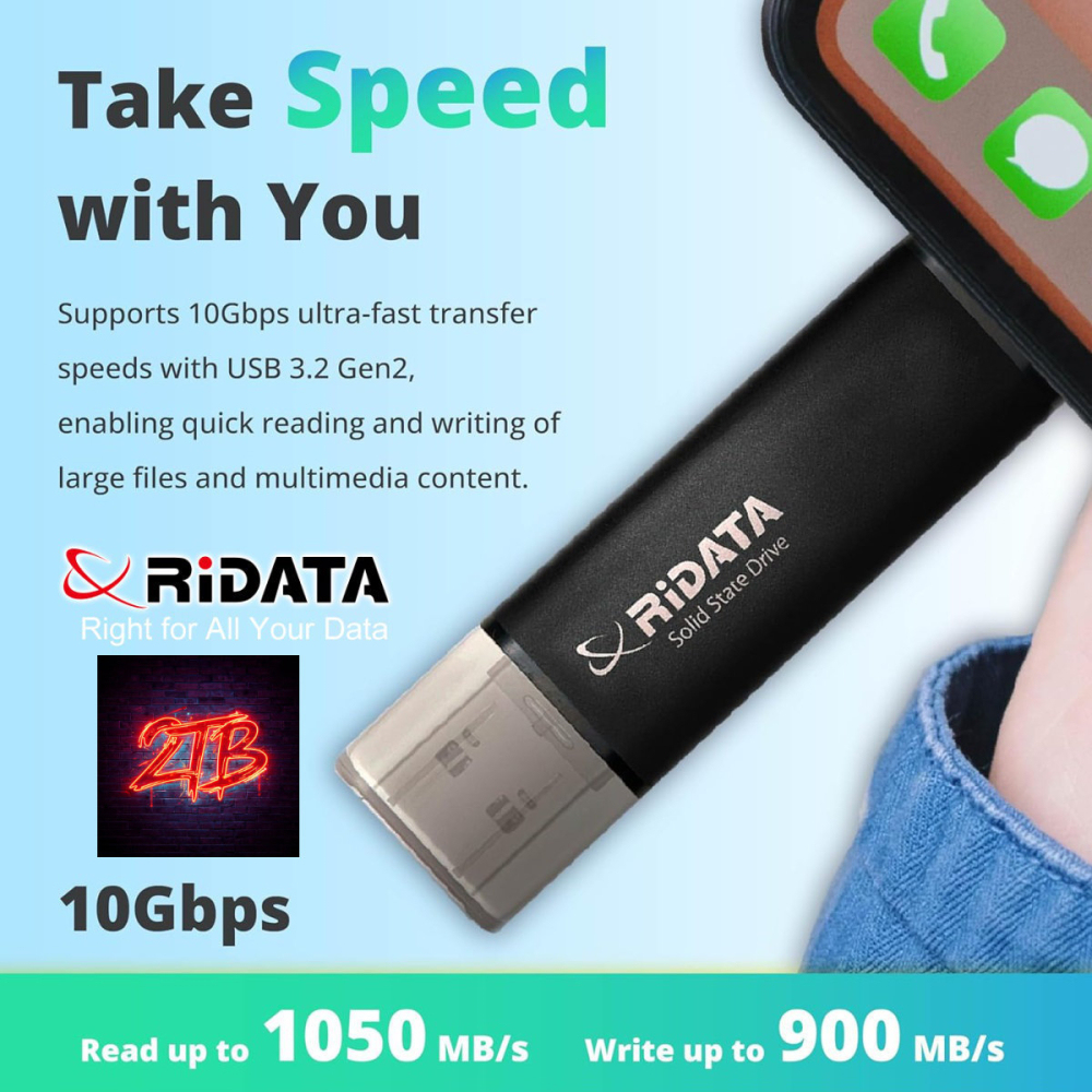 SSD Portabil Extern RiDATA UV903 2 TB, Viteza 1050 MB/s, Dual Port USB-C si USB-A, Compatibil Universal [3]