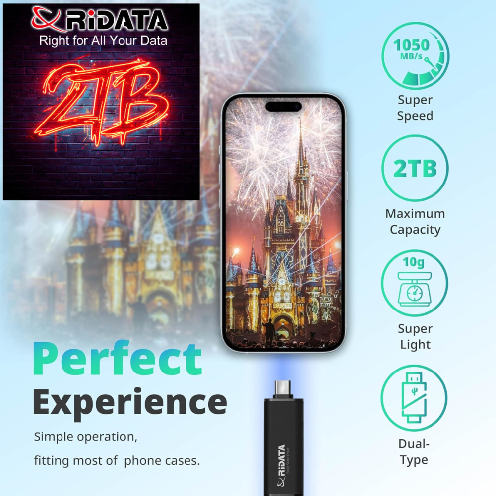 SSD Portabil Extern RiDATA UV903 2 TB, Viteza 1050 MB/s, Dual Port USB-C si USB-A, Compatibil Universal [6]